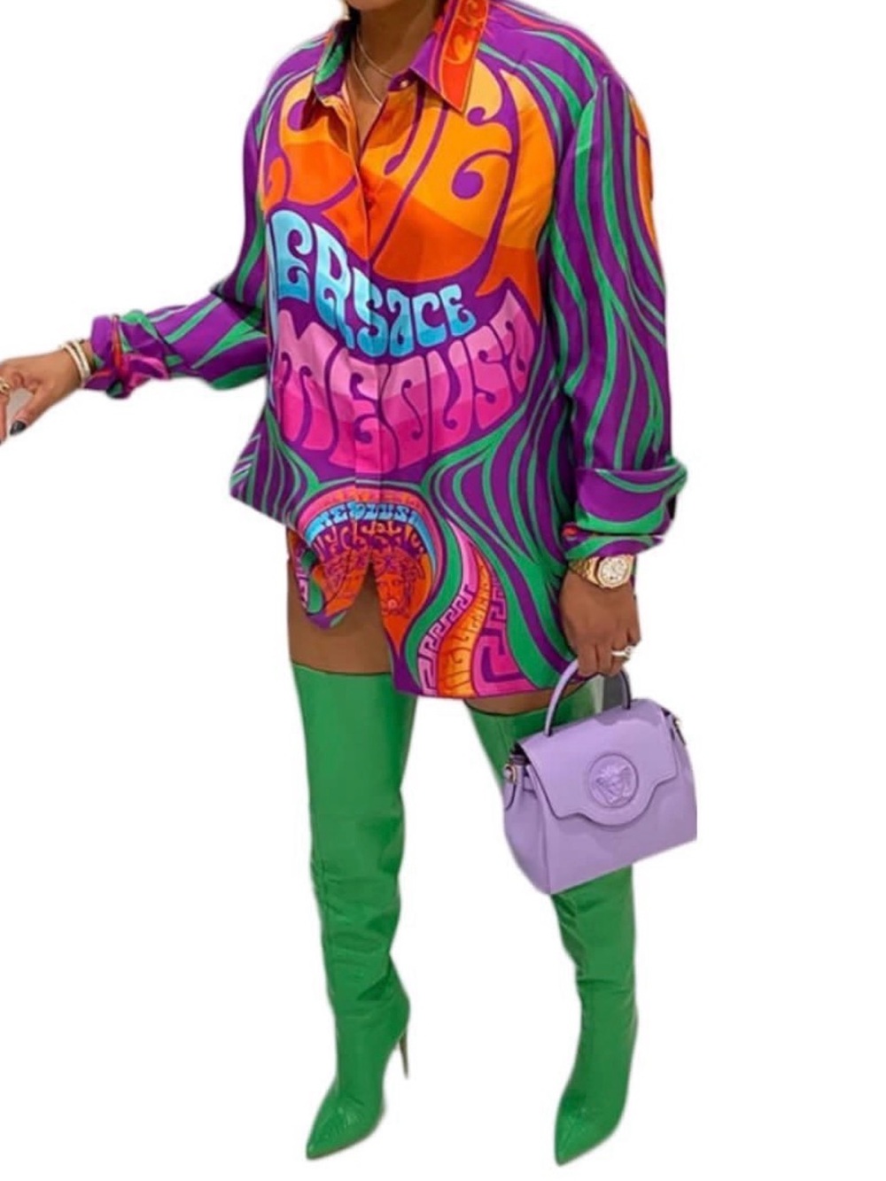Versace Psychedelic Silk Button-Up Shirt — Purple, Orange, Green